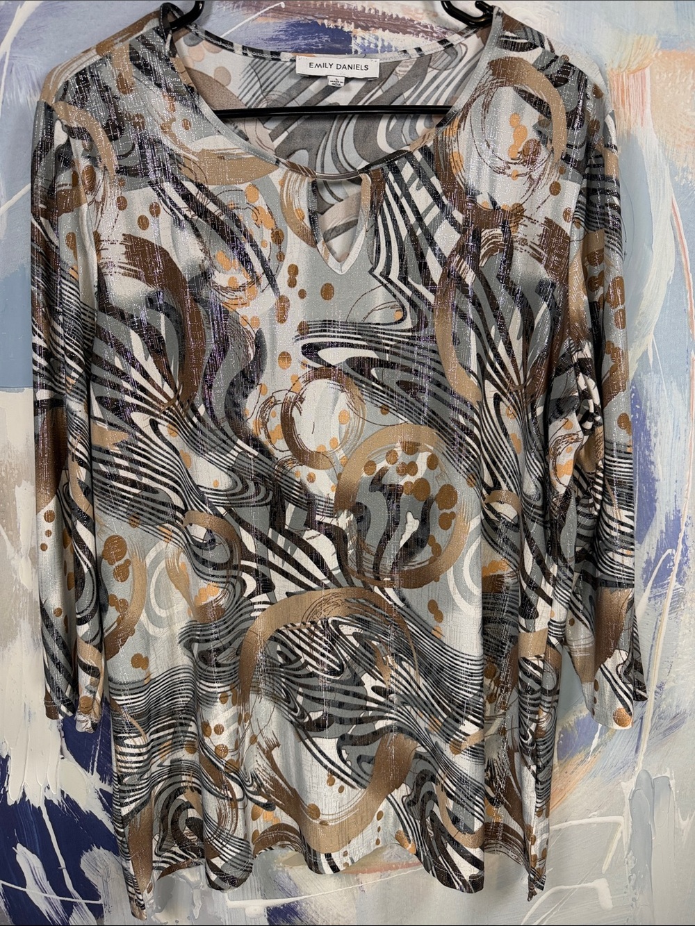 Emily Daniels Abstract Print Tunic Top L 3/4 Sleeve Keyhole Neck Stretch